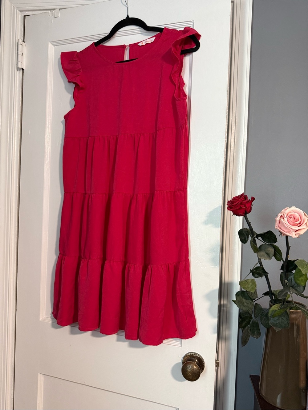 Hot pink tiered ruffle-sleeve dress